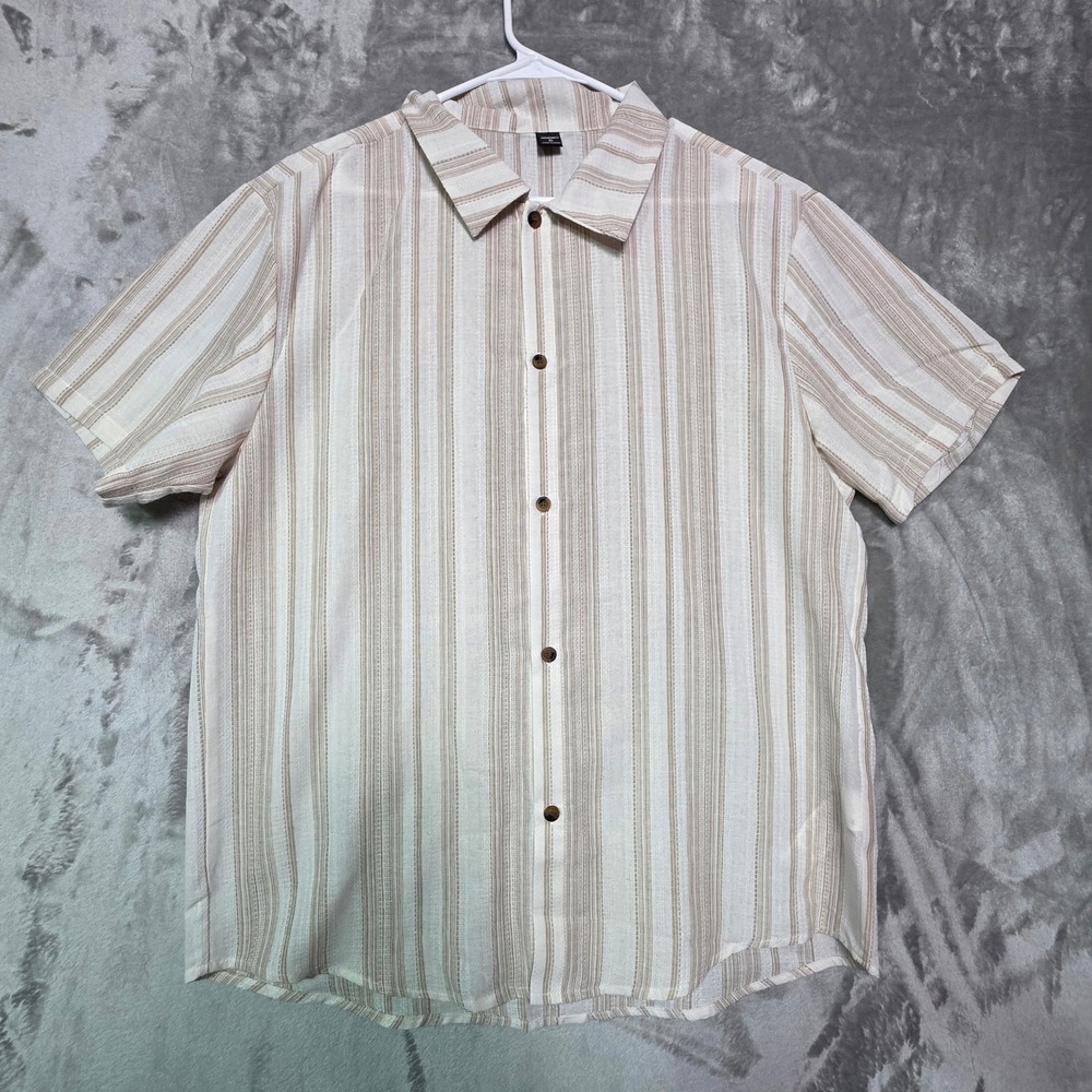 Manfinity Mens XL Tan White Striped Short Sleeve Button Up Shirt S14491949